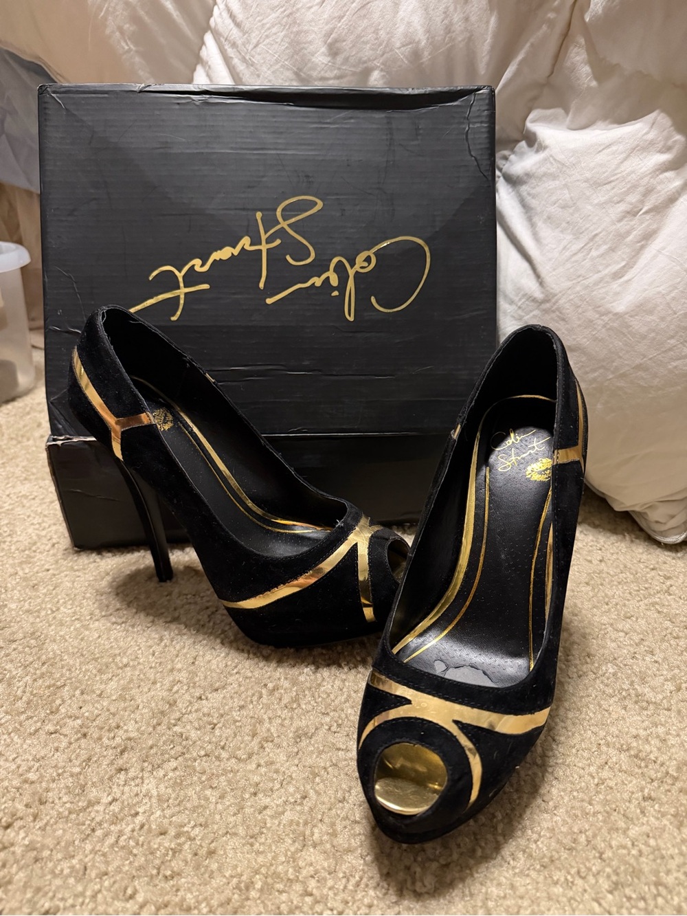 Colin Stuart black suede heels. Gold accents. 
Sz 9

Closet clear out
